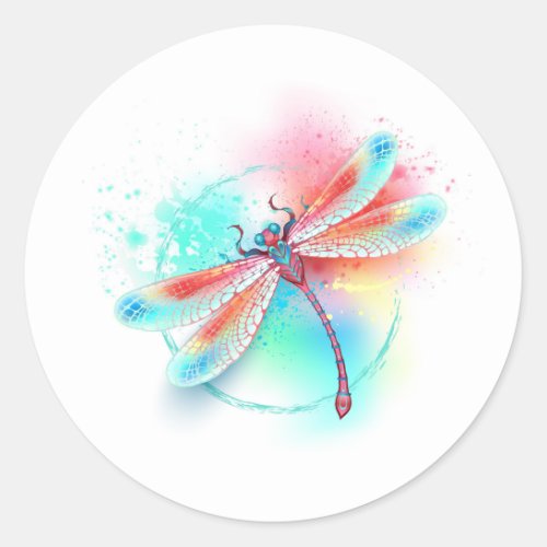 Red dragonfly on watercolor background classic round sticker