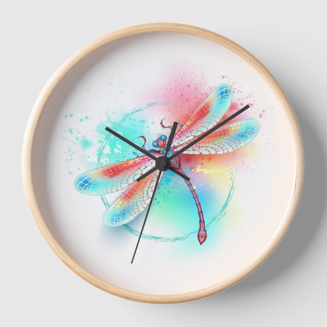 Red dragonfly on watercolor background clock (Front)