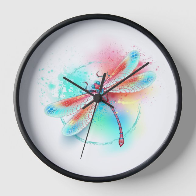 Red dragonfly on watercolor background clock (Front)