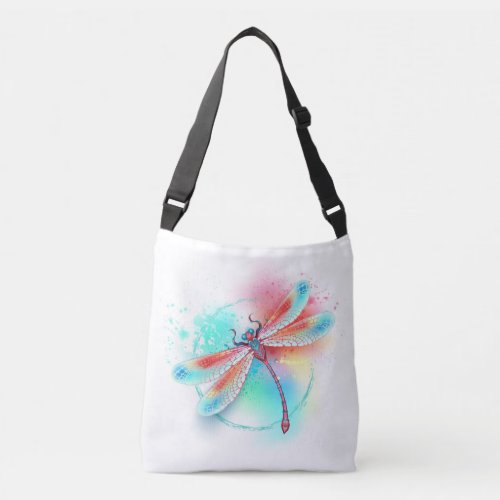 Red dragonfly on watercolor background crossbody bag