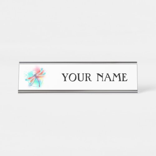 Red dragonfly on watercolor background desk name plate