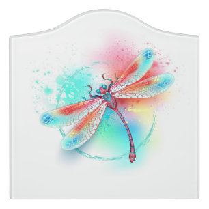 Red dragonfly on watercolor background door sign