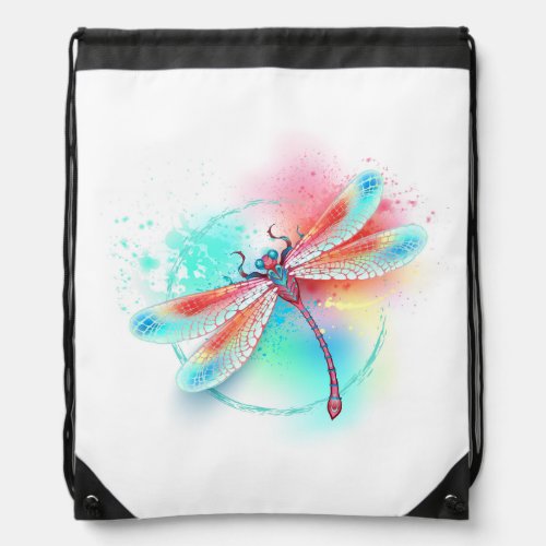 Red dragonfly on watercolor background drawstring bag