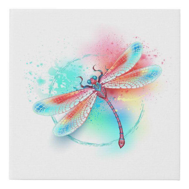 Red dragonfly on watercolor background faux canvas print (Front)