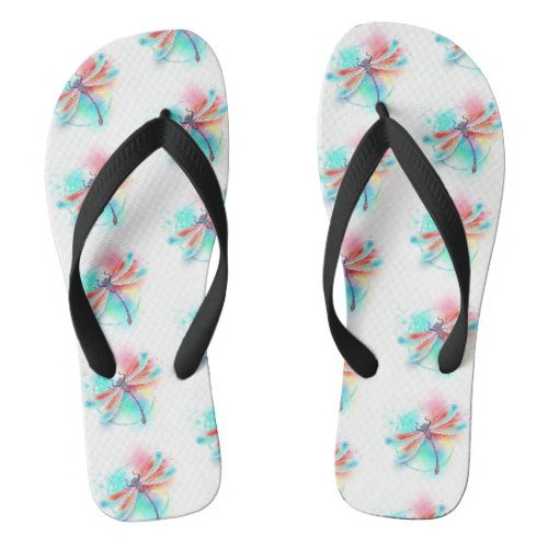 Red dragonfly on watercolor background flip flops