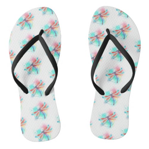 Red dragonfly on watercolor background flip flops