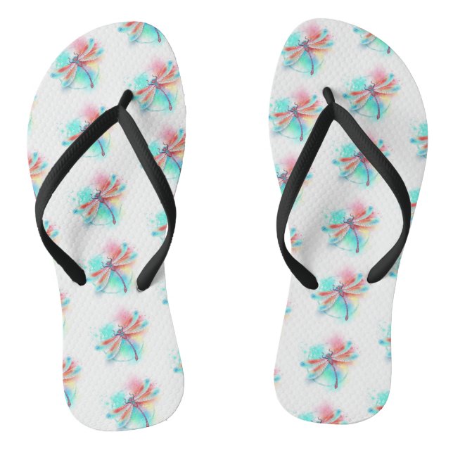 Red dragonfly on watercolor background flip flops (Footbed)