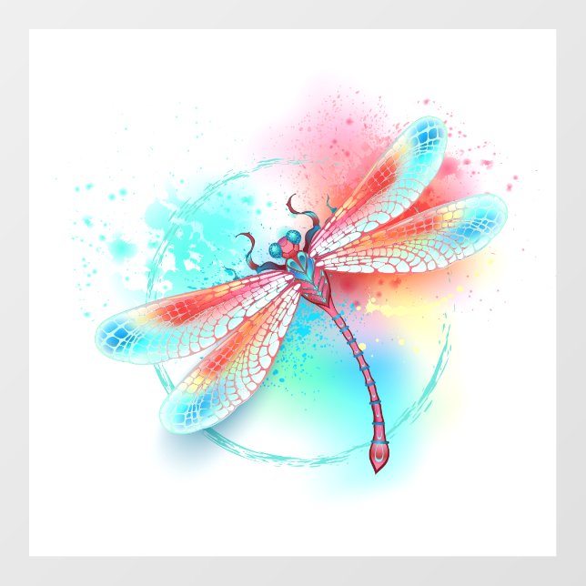 Red dragonfly on watercolor background floor decals (Front)
