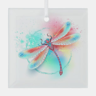 Red dragonfly on watercolor background glass ornament