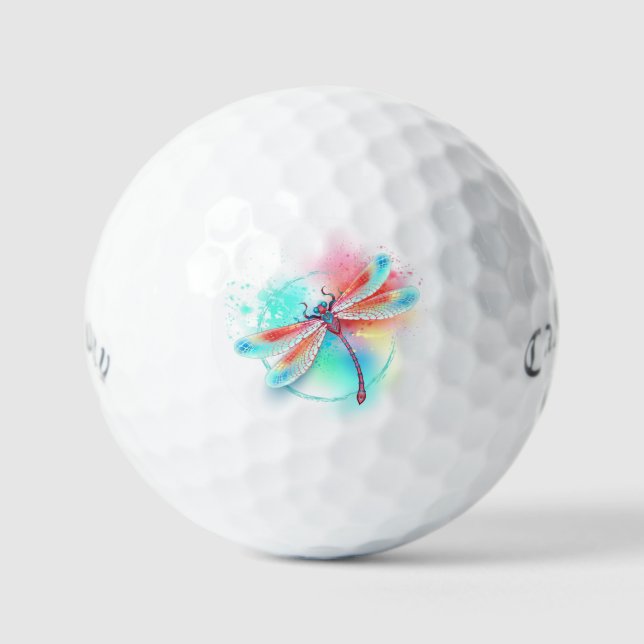 Red dragonfly on watercolor background golf balls (Front)