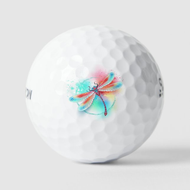 Red dragonfly on watercolor background golf balls (Front)