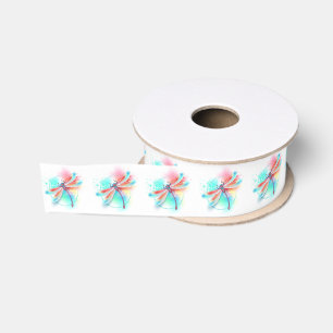 Red dragonfly on watercolor background grosgrain ribbon