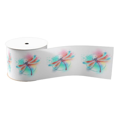 Red dragonfly on watercolor background grosgrain ribbon