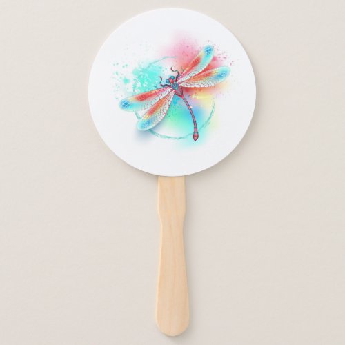 Red dragonfly on watercolor background hand fan