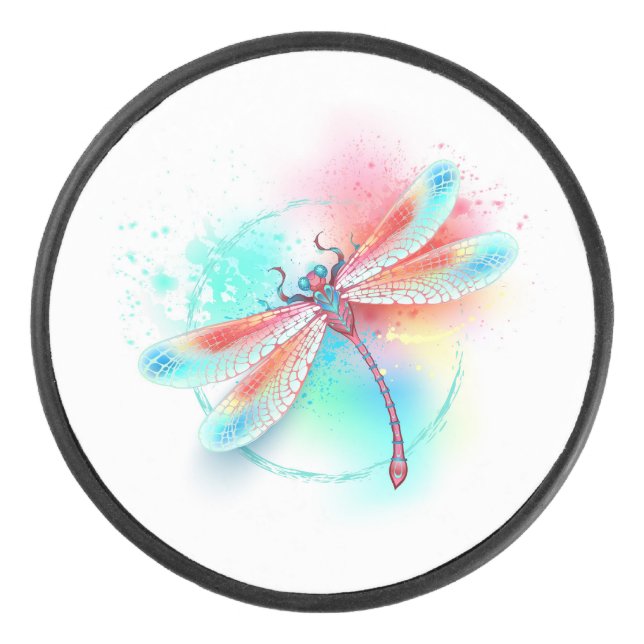 Red dragonfly on watercolor background hockey puck (Front)