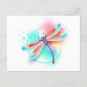 Red dragonfly on watercolor background invitation postcard