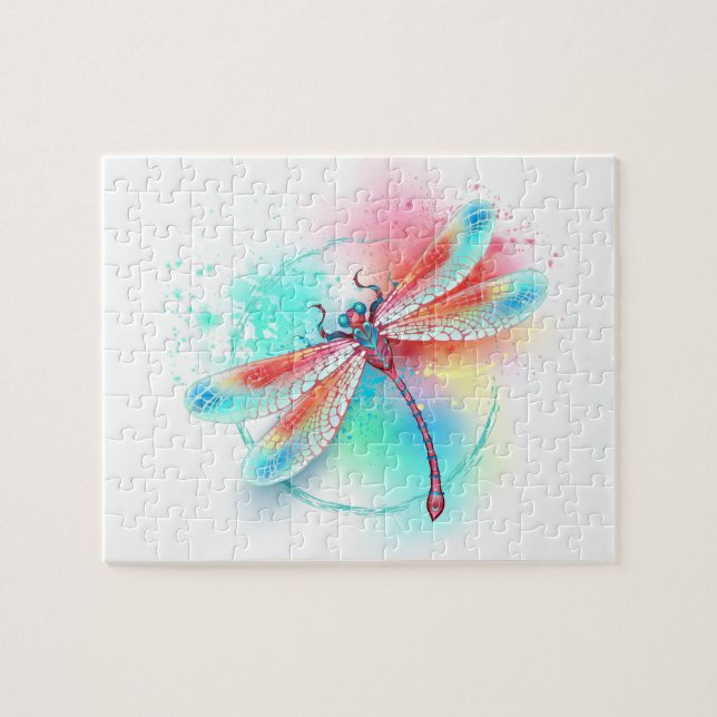 Red dragonfly on watercolor background jigsaw puzzle (Horizontal)