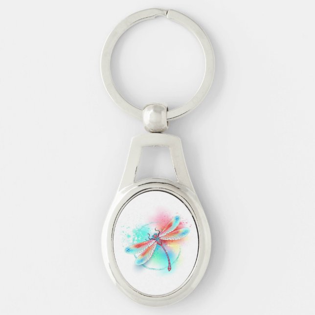 Red dragonfly on watercolor background keychain (Front)