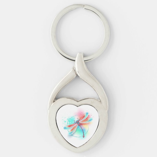 Red dragonfly on watercolor background keychain (Front)