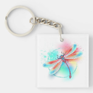 Red dragonfly on watercolor background keychain