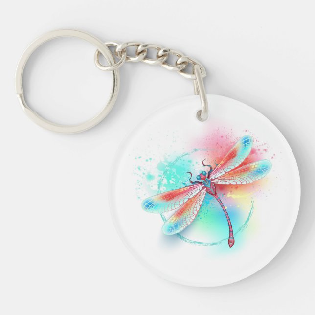 Red dragonfly on watercolor background keychain (Front)