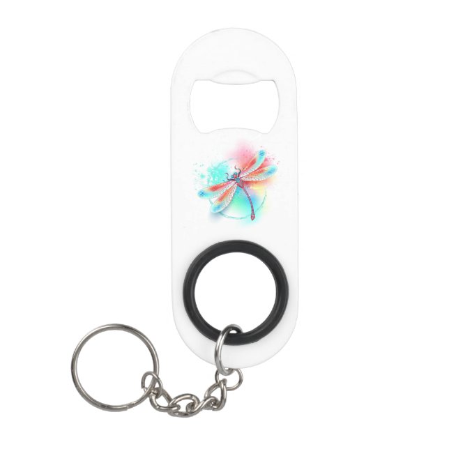 Red dragonfly on watercolor background keychain bottle opener (Front)