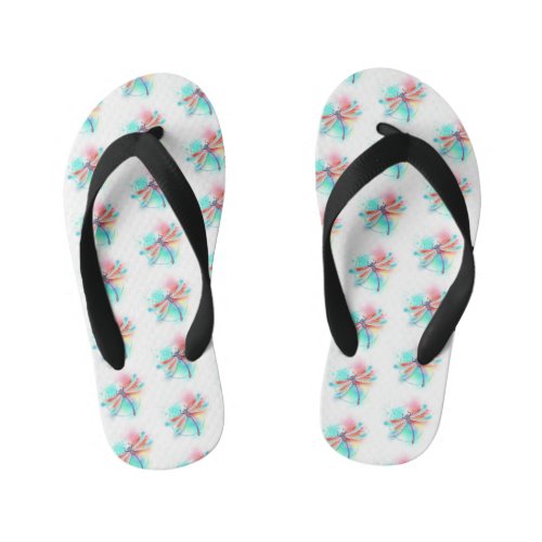 Red dragonfly on watercolor background kids flip flops