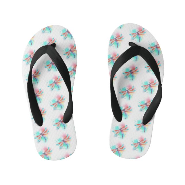 Red dragonfly on watercolor background kid's flip flops (Footbed)