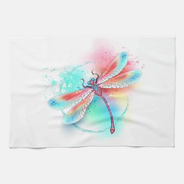 Red dragonfly on watercolor background kitchen towel (Horizontal)