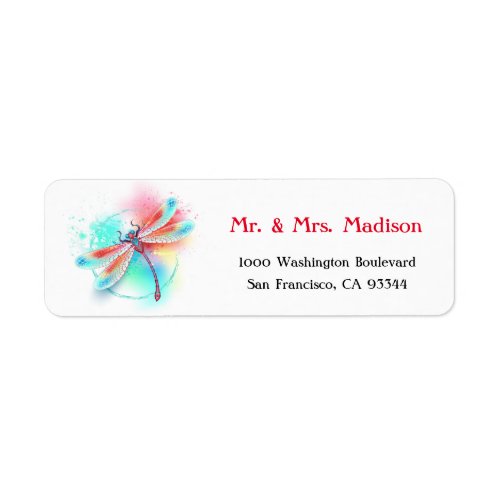Red dragonfly on watercolor background label