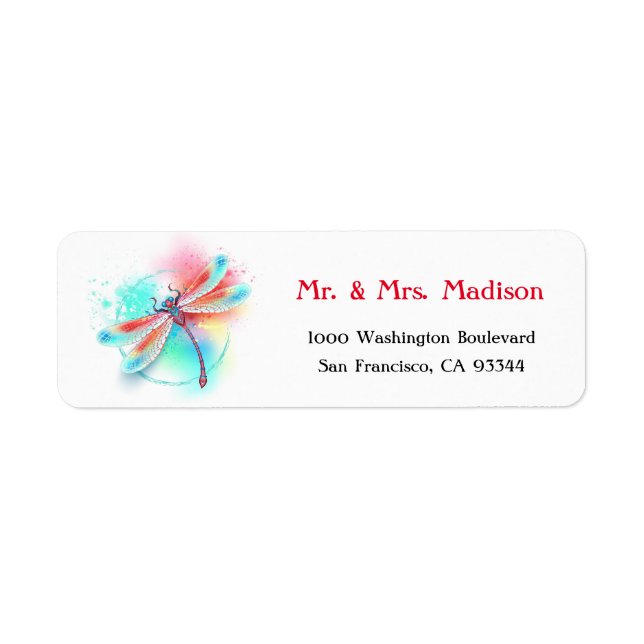 Red dragonfly on watercolor background label (Front)