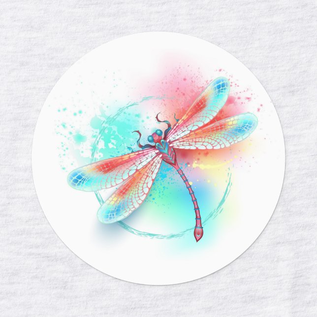 Red dragonfly on watercolor background labels (Design 1)