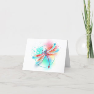 Red dragonfly on watercolor background letterpress thank you card