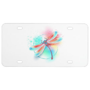 Red dragonfly on watercolor background license plate