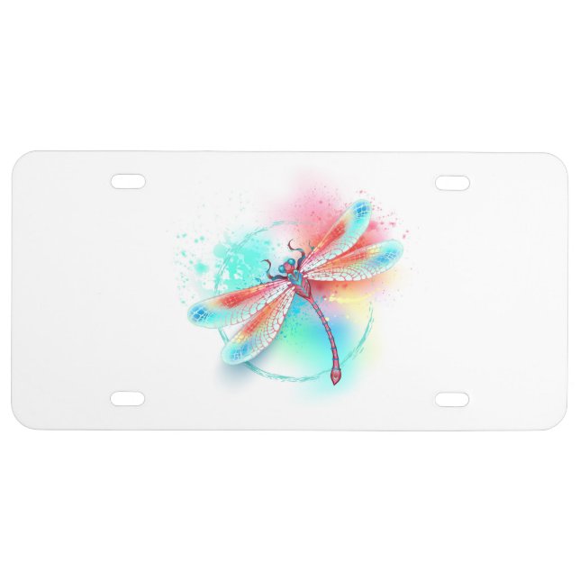 Red dragonfly on watercolor background license plate (Front)