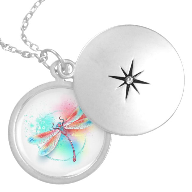 Red dragonfly on watercolor background locket necklace (Front)
