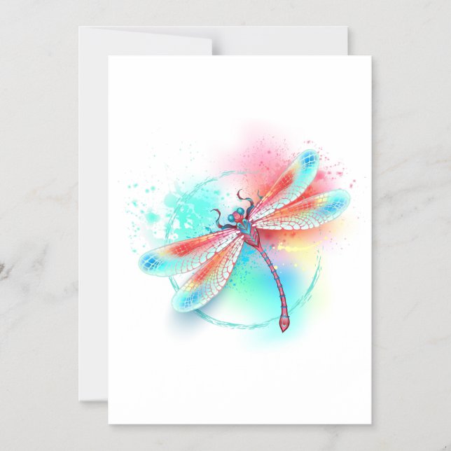 Red dragonfly on watercolor background magnetic invitation (Front)