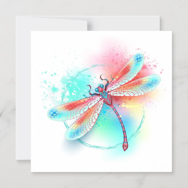 Red dragonfly on watercolor background magnetic invitation (Front)