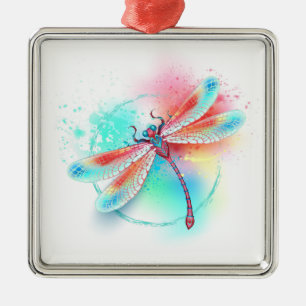 Red dragonfly on watercolor background metal ornament