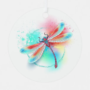 Red dragonfly on watercolor background metal ornament