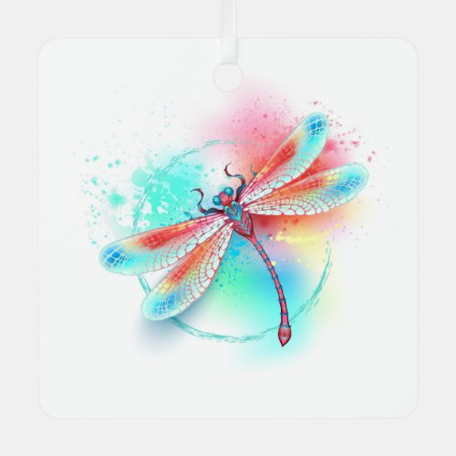 Red dragonfly on watercolor background metal ornament