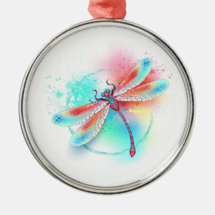 Red dragonfly on watercolor background metal ornament