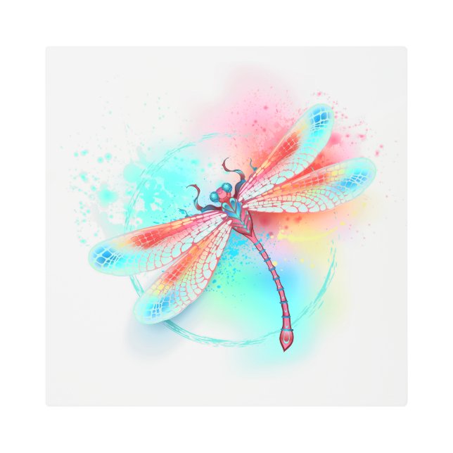 Red dragonfly on watercolor background metal print (Front)
