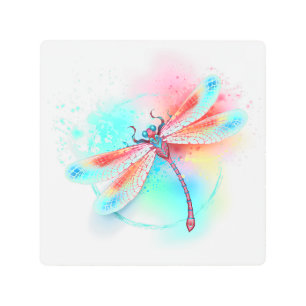 Red dragonfly on watercolor background metal print