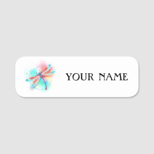 Red dragonfly on watercolor background name tag