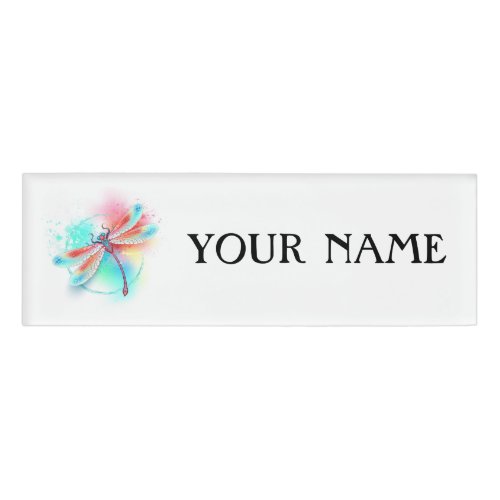 Red dragonfly on watercolor background name tag