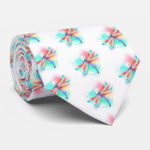 Red dragonfly on watercolor background neck tie