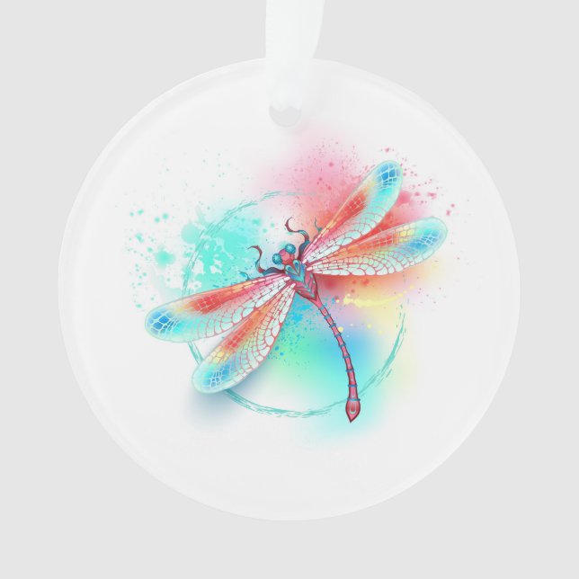 Red dragonfly on watercolor background ornament (Front)