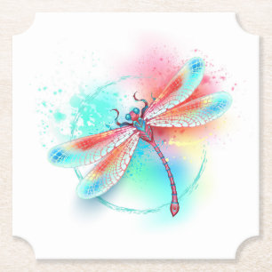 Red dragonfly on watercolor background paper coaster