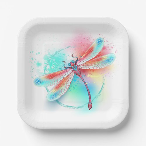 Red dragonfly on watercolor background paper plates